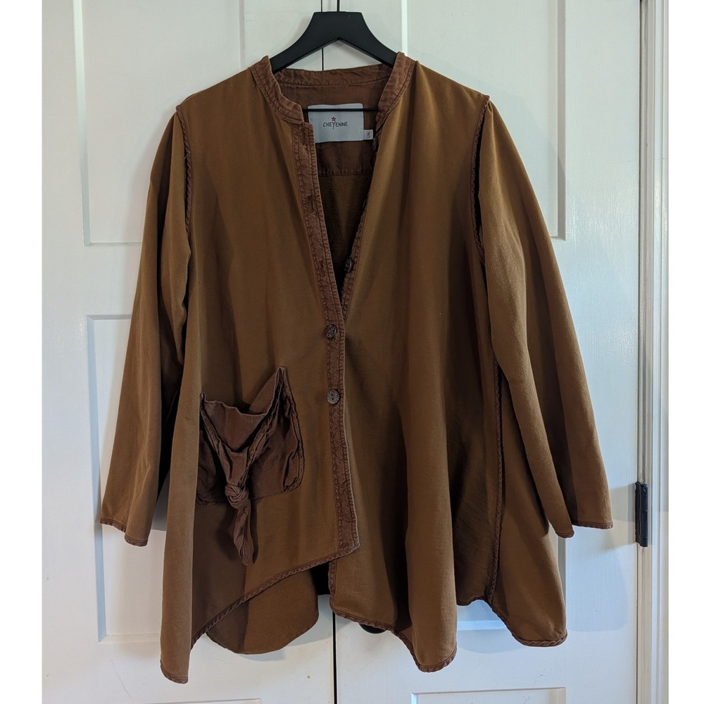 Cheyenne L/XL Brown Asymmetric Art to Wear Lagenlook Button Jacket Pockets boho